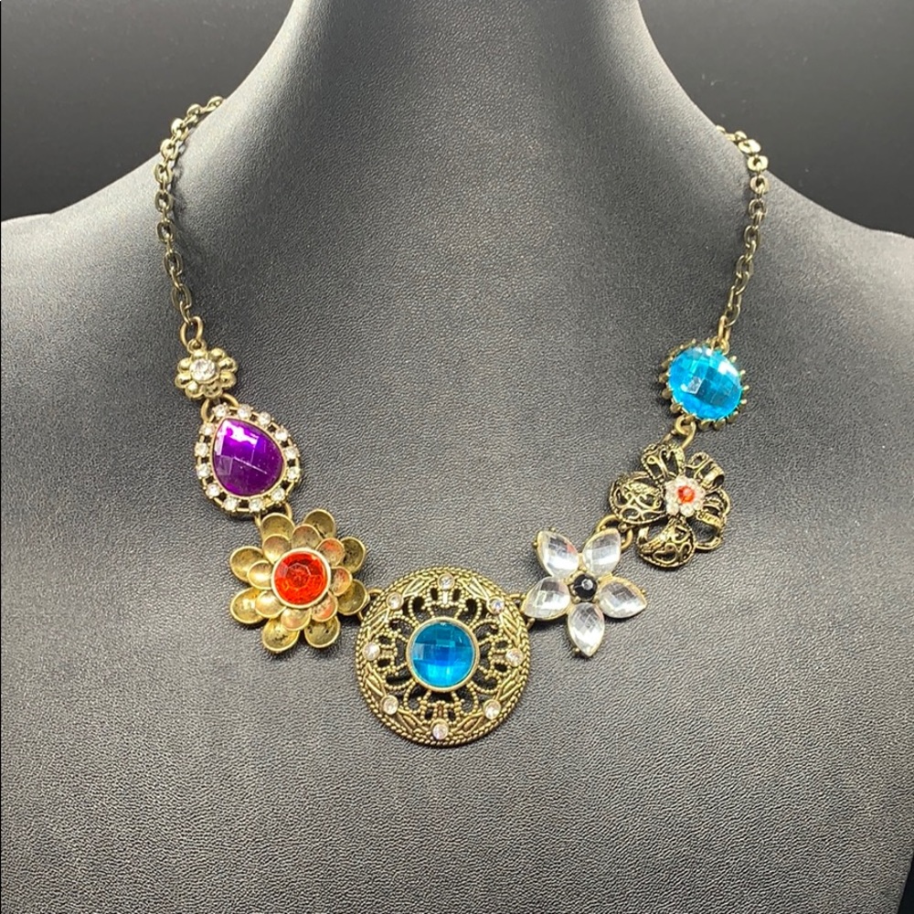 Colorful floral rhinestone statement necklace